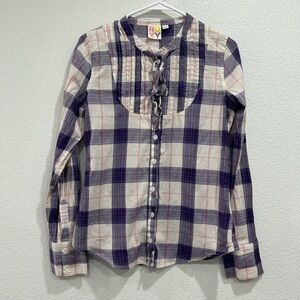 Roxy purple white plaid button-down ruffled yoke stand collar Long Sleeve Sz M
